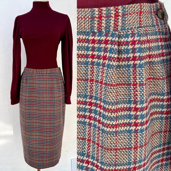 Vintage 90s Pendleton Blue Brown & Red Plaid Wool Tea Length Pencil Skirt Size 8 - Picture 1 of 16